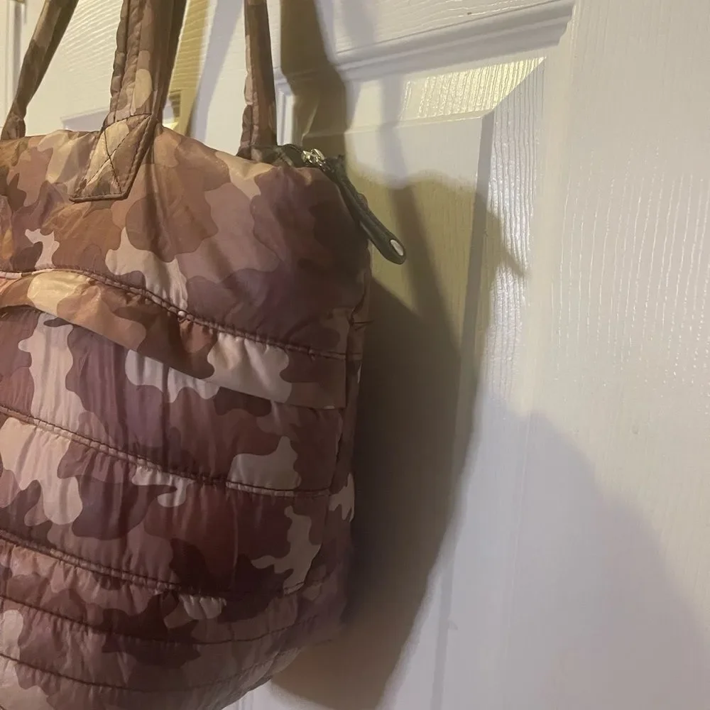 Sondra Roberts Squared quilted nylon burgundy & tan camouflage medium tote bag